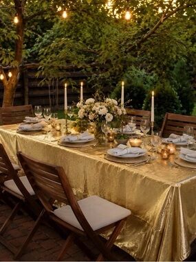 Gold Wedding Chair Cover Bow Set 16 Covers + 3 Tablecloths Event Decor